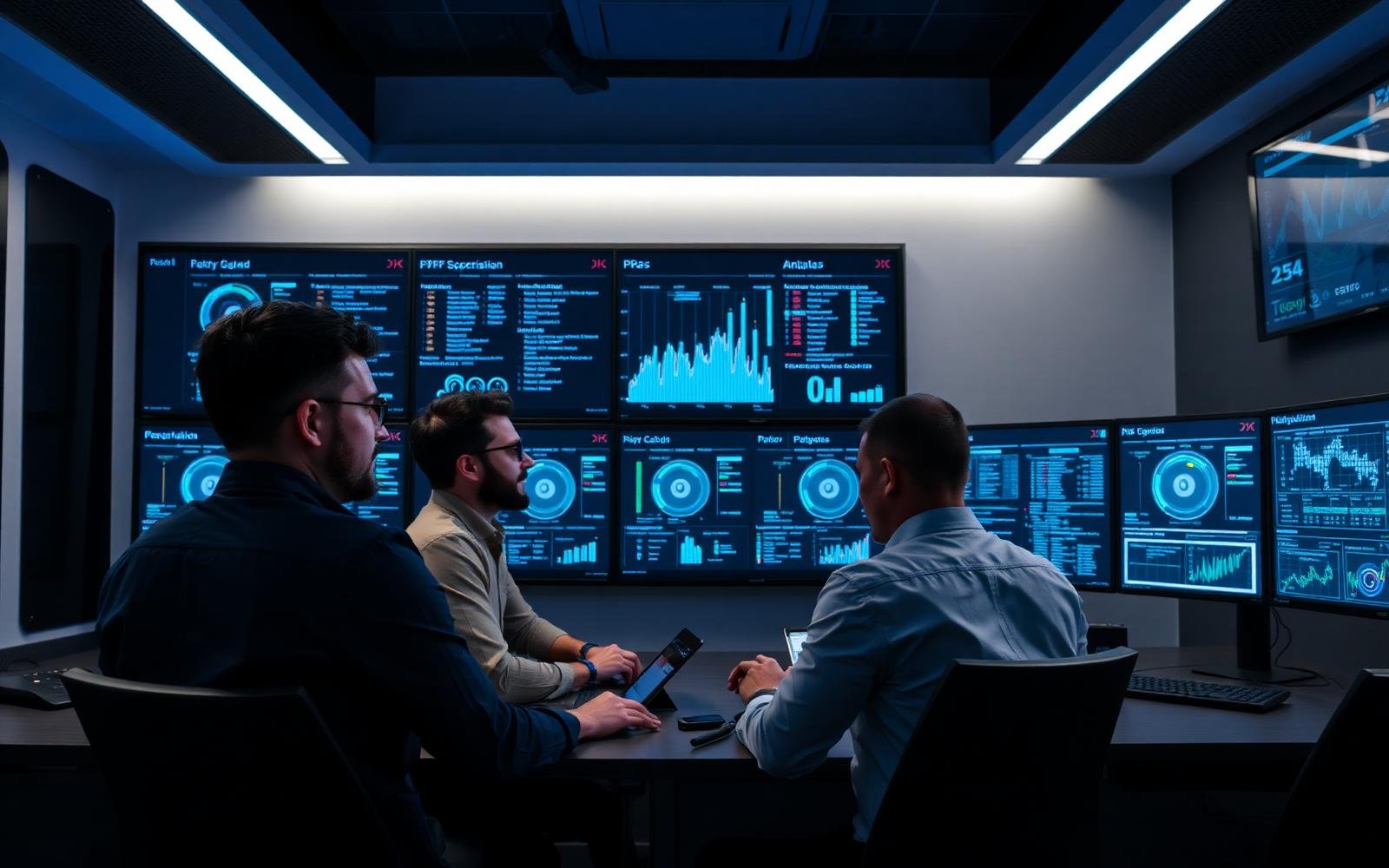 Equipe de engenheiros da MasterCloud acompanhando painéis de monitoramento no centro de operações